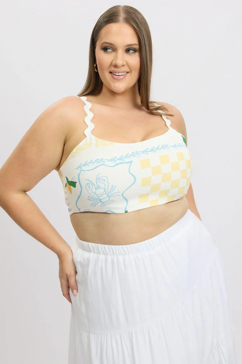 Yellow Abstract Crop Top Sleeveless Ric Rac - Image 3