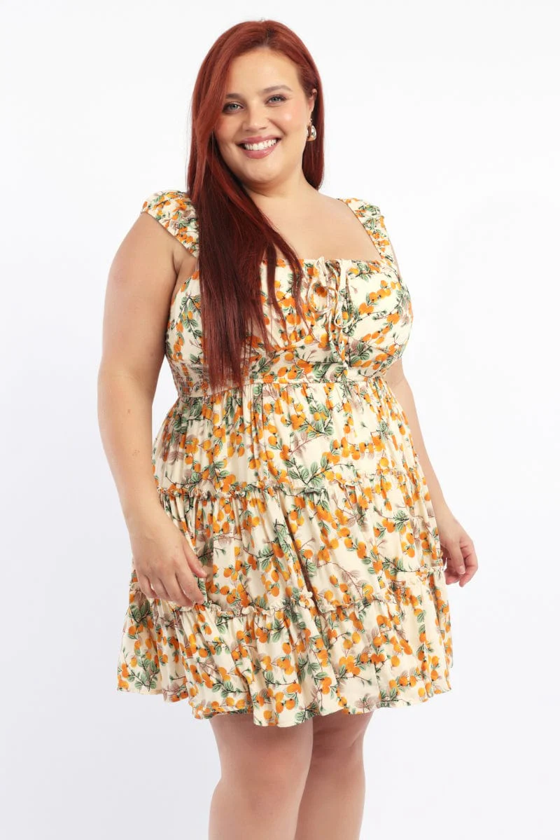 Yellow Abstract Fruit Print Shirred Waist Minidress