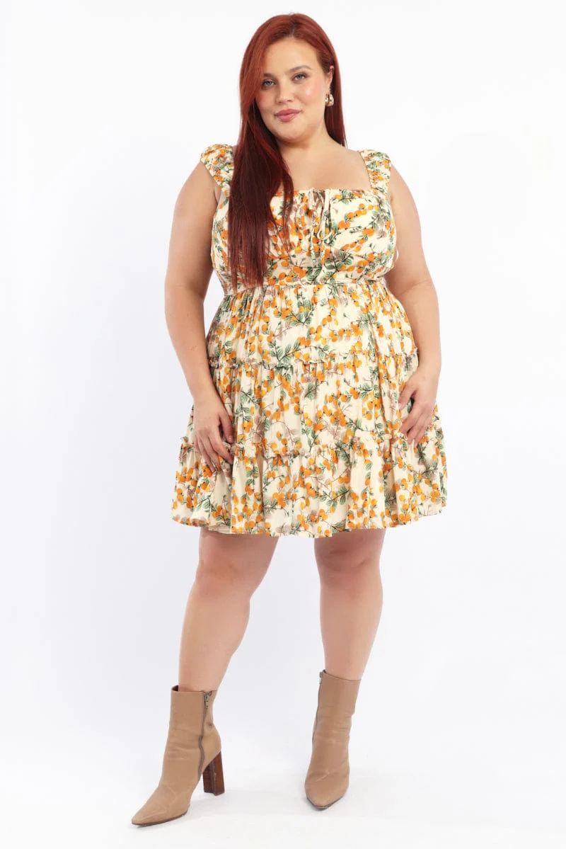 Yellow Abstract Fruit Print Shirred Waist Minidress - Image 2