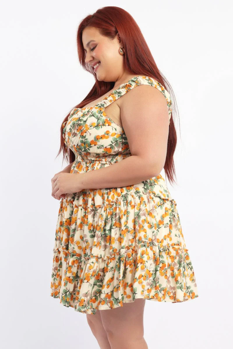 Yellow Abstract Fruit Print Shirred Waist Minidress - Image 3