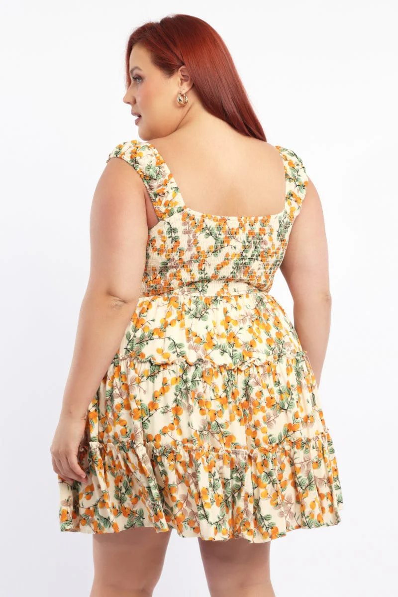 Yellow Abstract Fruit Print Shirred Waist Minidress - Image 4