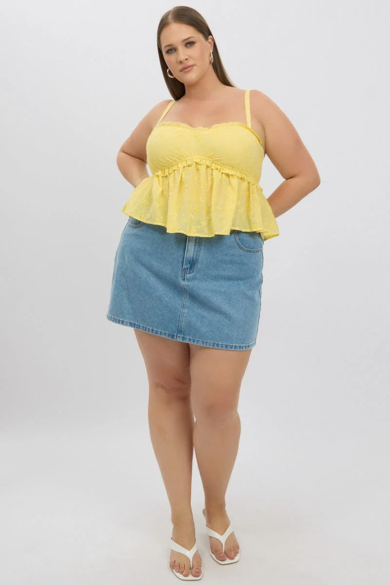 Yellow Broderie Cami Top Ruched Bust - Image 2