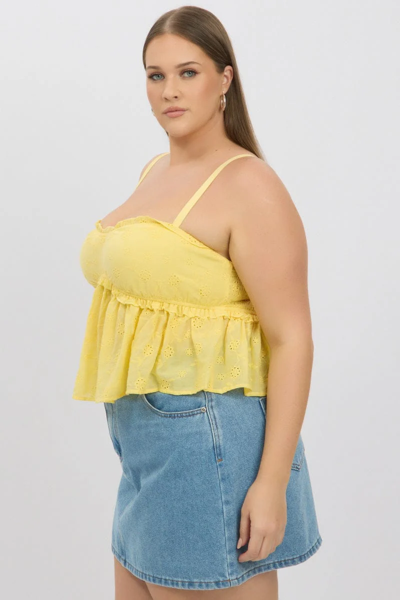Yellow Broderie Cami Top Ruched Bust - Image 4