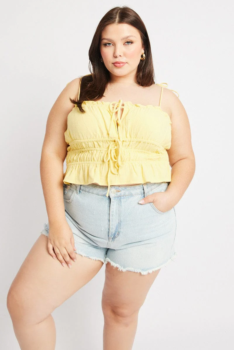 Yellow Cami Top Sleeveless Ruched Tie Front Linen Blend - Image 2