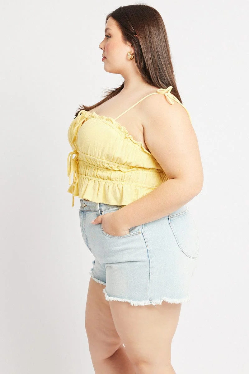 Yellow Cami Top Sleeveless Ruched Tie Front Linen Blend - Image 4
