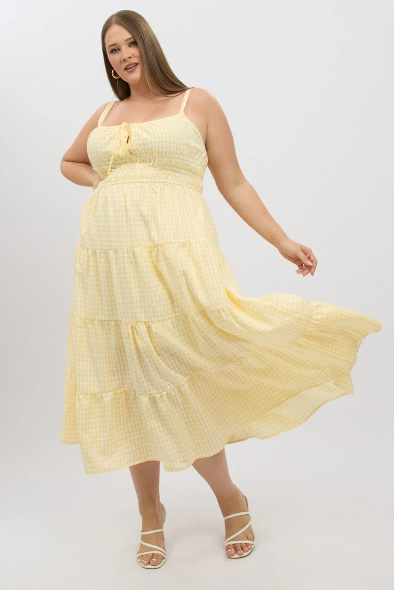 Yellow Check Midi Dress Sleeveless Tiered - Image 2