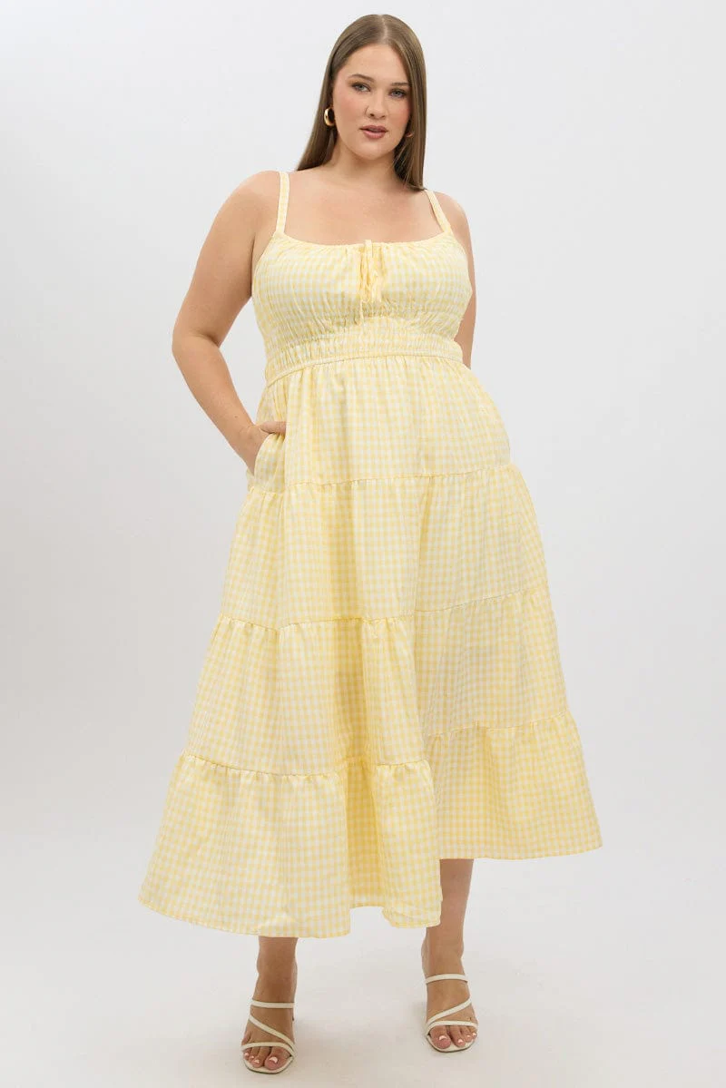 Yellow Check Midi Dress Sleeveless Tiered - Image 3