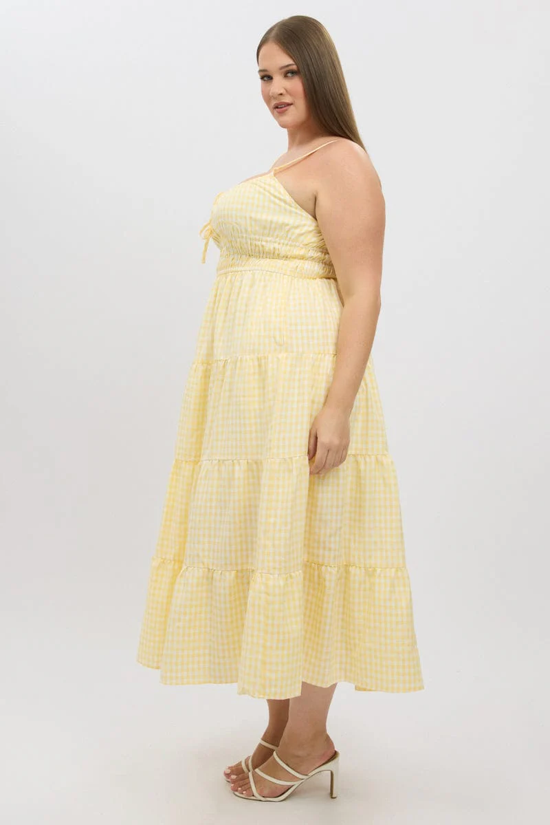 Yellow Check Midi Dress Sleeveless Tiered - Image 4