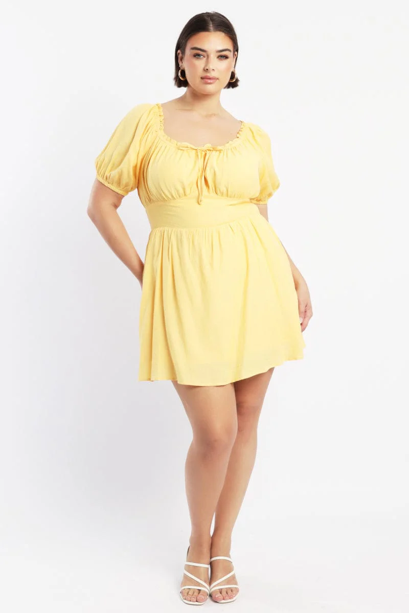 Yellow Corset Detail Minidress Puff Sleeve