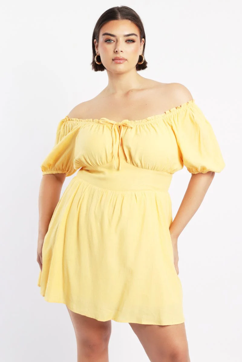 Yellow Corset Detail Minidress Puff Sleeve - Image 2