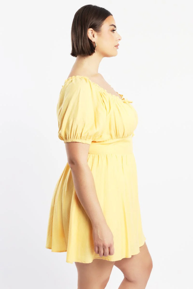Yellow Corset Detail Minidress Puff Sleeve - Image 3
