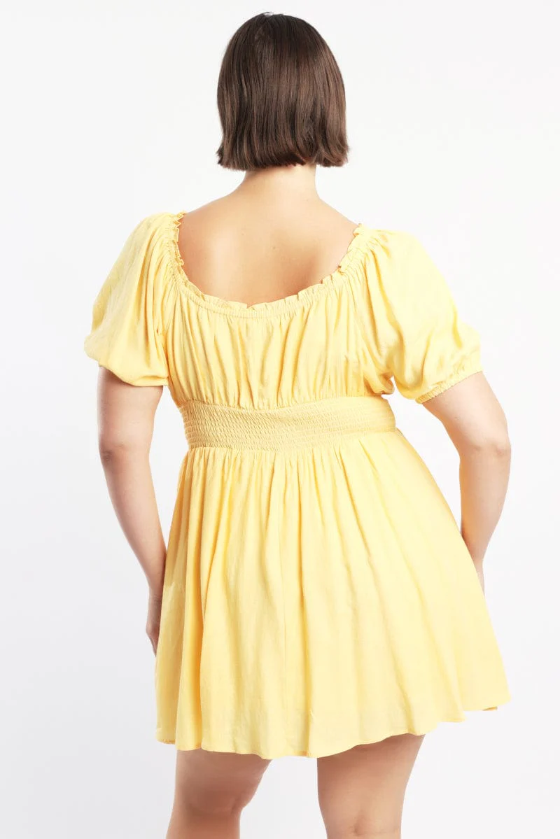 Yellow Corset Detail Minidress Puff Sleeve - Image 4