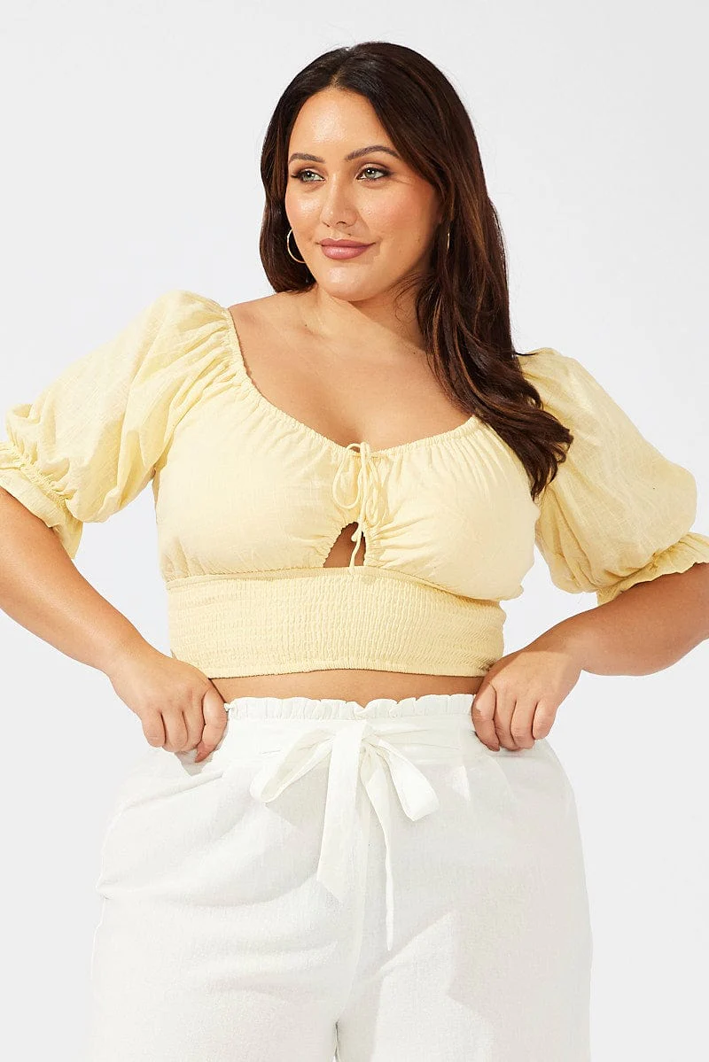 Yellow Crop Top Short Sleeve Cut Out Shirred - Image 3