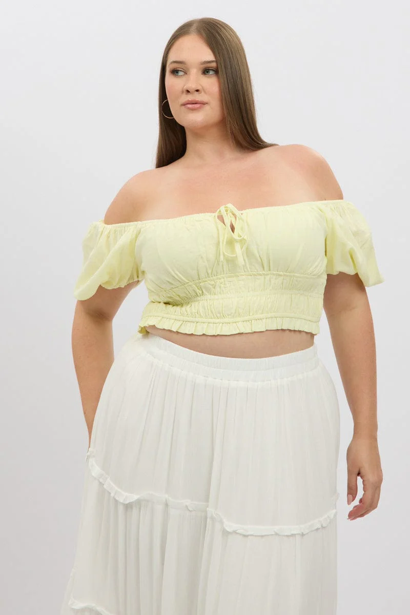 Yellow Crop Top Short Sleeve Ruched Bust Linen Blend - Image 3