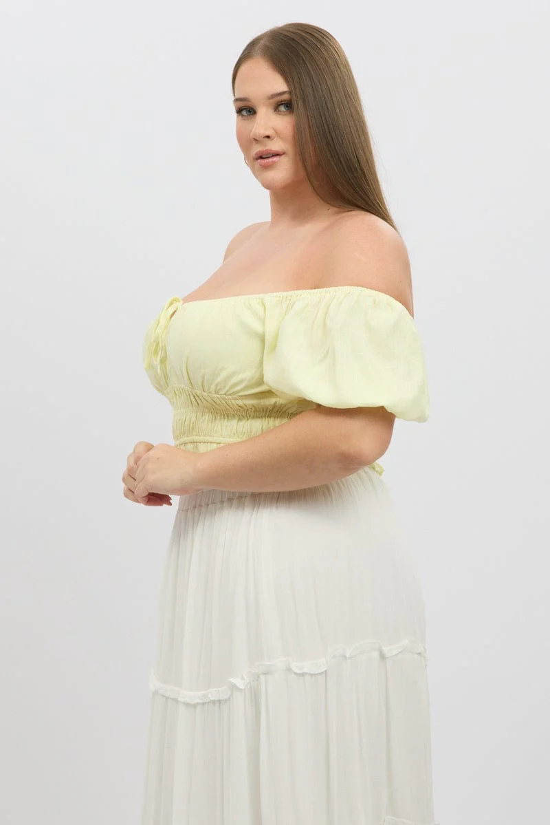 Yellow Crop Top Short Sleeve Ruched Bust Linen Blend - Image 4