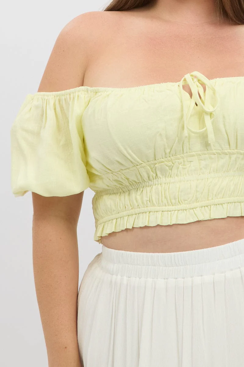 Yellow Crop Top Short Sleeve Ruched Bust Linen Blend - Image 6