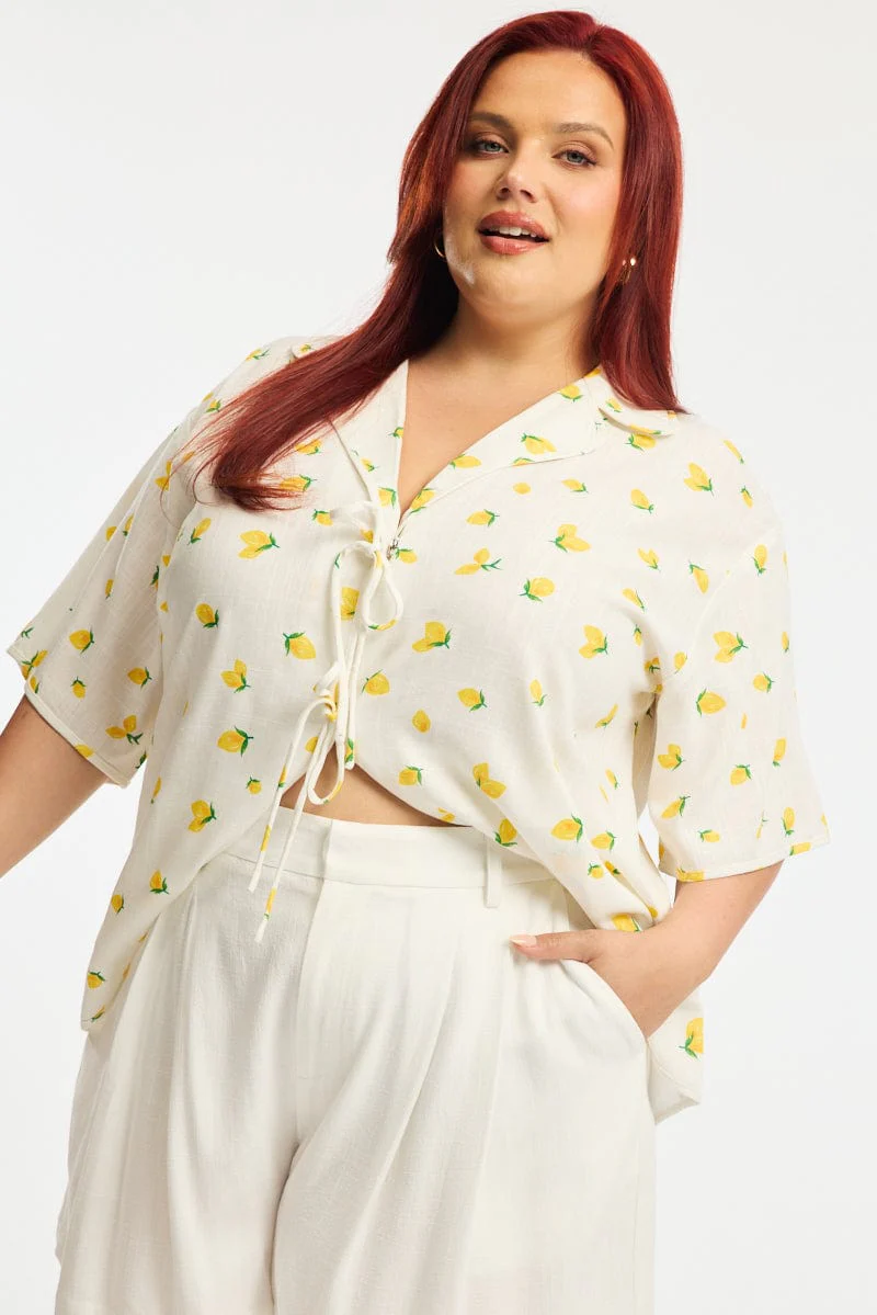 Yellow Ditsy Collar Top Short Sleeve Tie Up