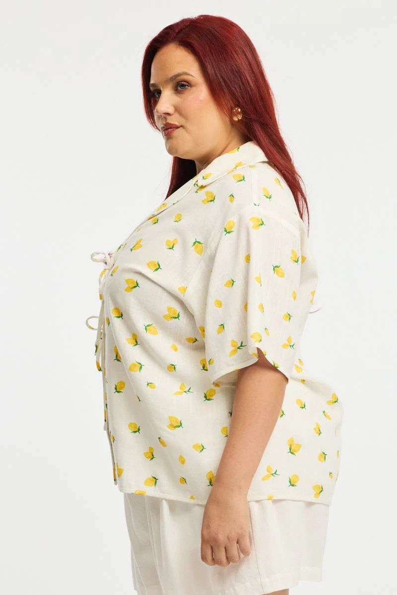 Yellow Ditsy Collar Top Short Sleeve Tie Up - Image 3