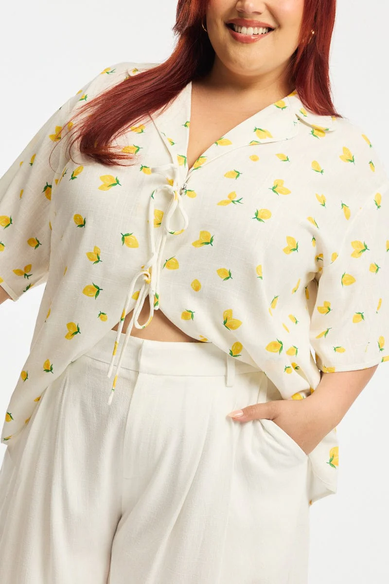 Yellow Ditsy Collar Top Short Sleeve Tie Up - Image 5