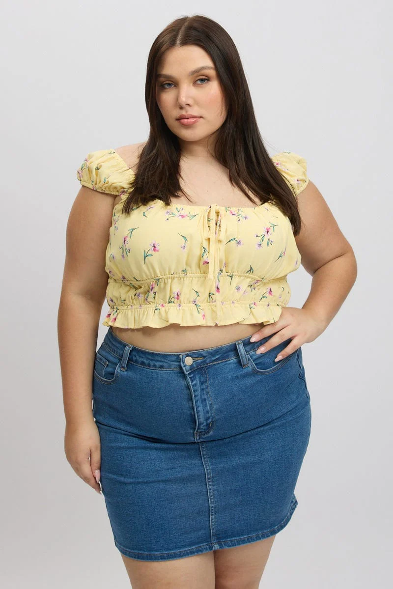 Yellow Ditsy Crop Top Short Sleeve Ruched Bust - Image 3