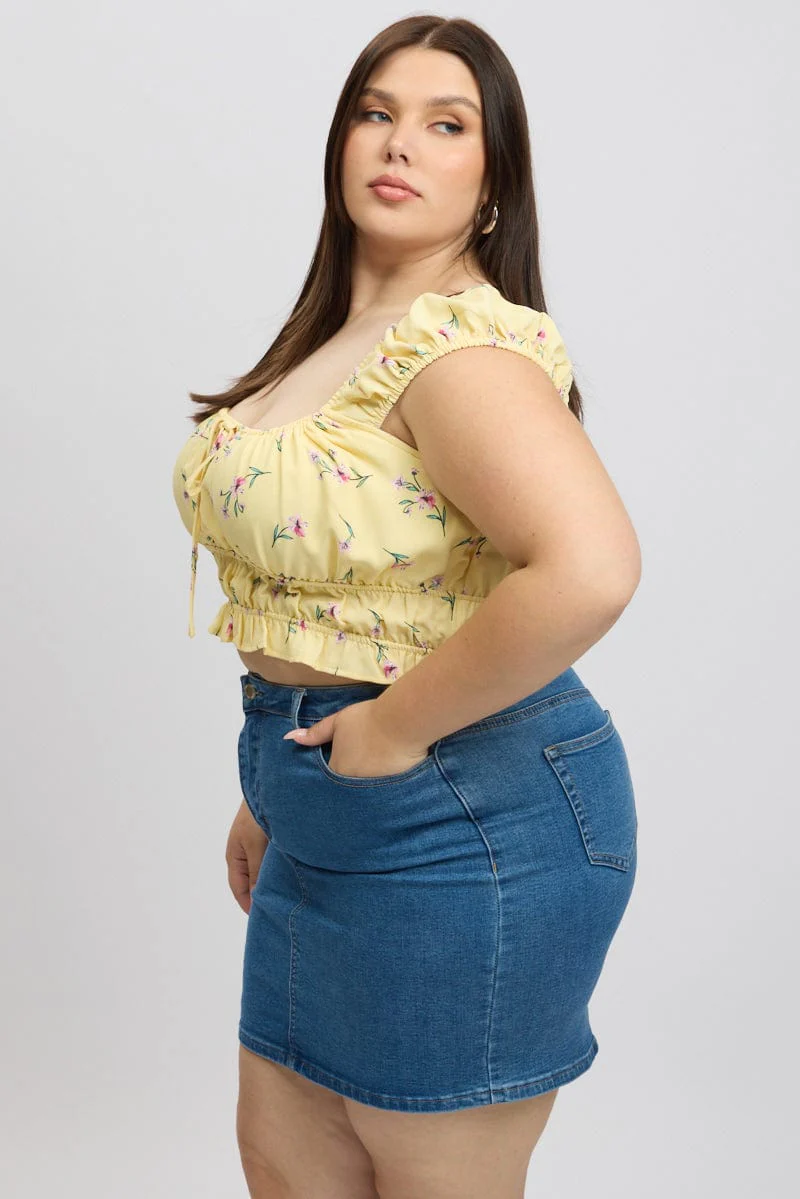 Yellow Ditsy Crop Top Short Sleeve Ruched Bust - Image 4