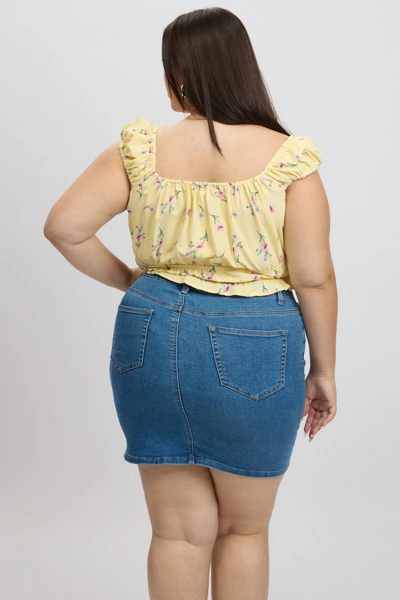 Yellow Ditsy Crop Top Short Sleeve Ruched Bust - Image 5
