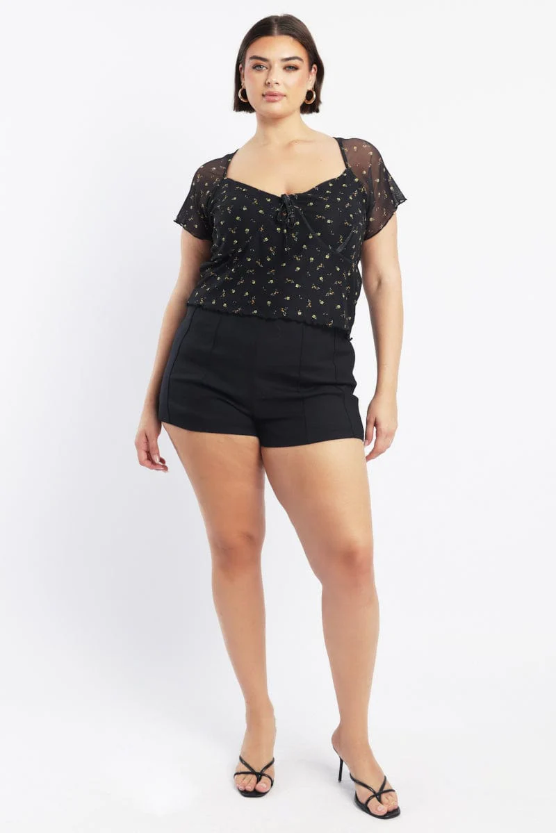 Yellow Ditsy Floral Mesh Top Short Sleeve V Neck - Image 2