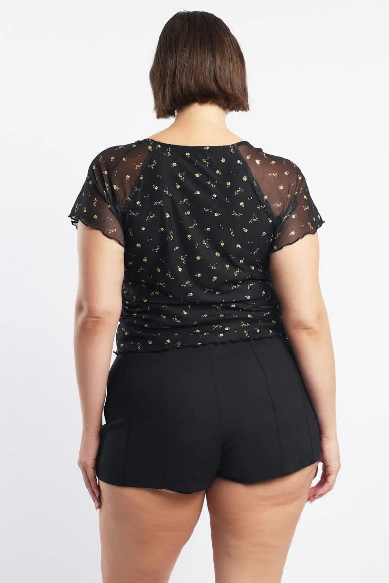 Yellow Ditsy Floral Mesh Top Short Sleeve V Neck - Image 4