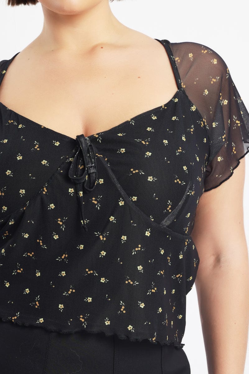 Yellow Ditsy Floral Mesh Top Short Sleeve V Neck - Image 5