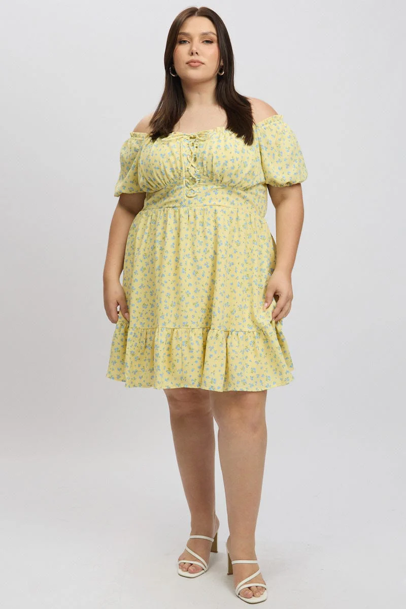 Yellow Ditsy Lace Up Puff Sleeve Minidress - Image 2