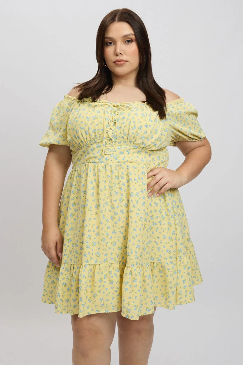 Yellow Ditsy Lace Up Puff Sleeve Minidress - Image 3