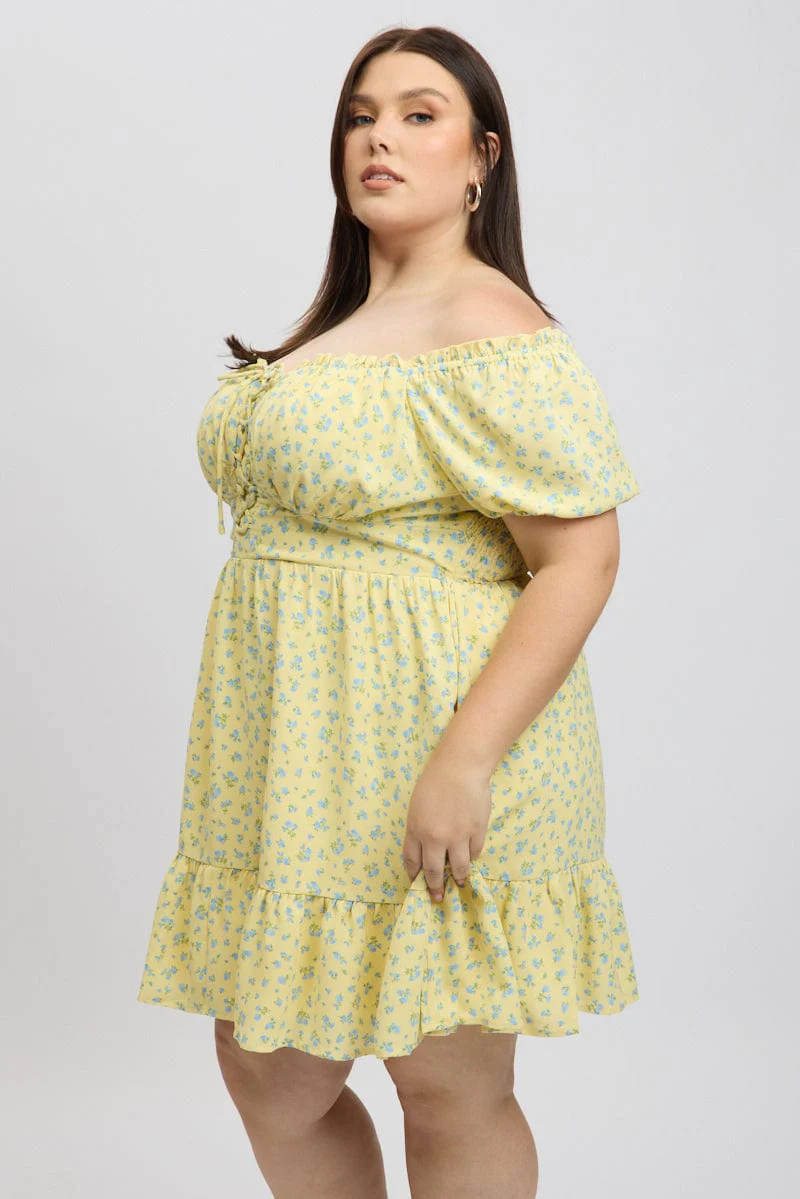 Yellow Ditsy Lace Up Puff Sleeve Minidress - Image 4