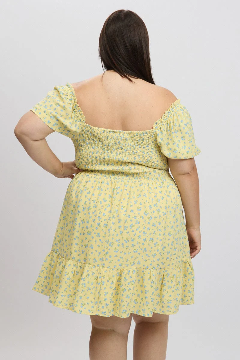 Yellow Ditsy Lace Up Puff Sleeve Minidress - Image 5