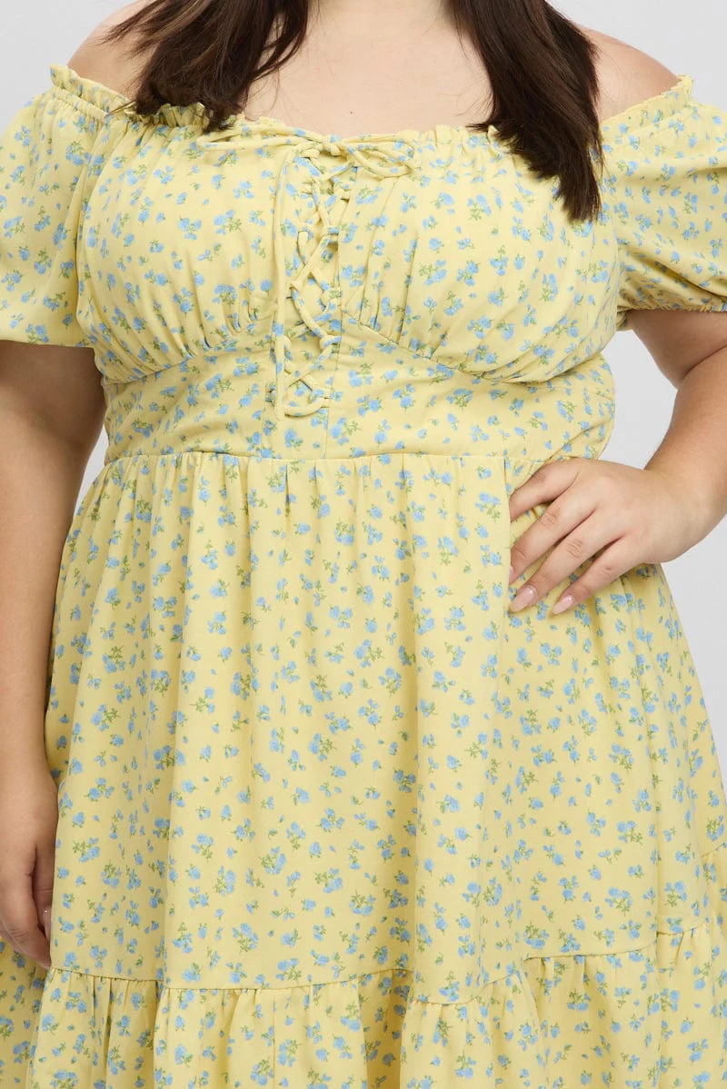 Yellow Ditsy Lace Up Puff Sleeve Minidress - Image 6