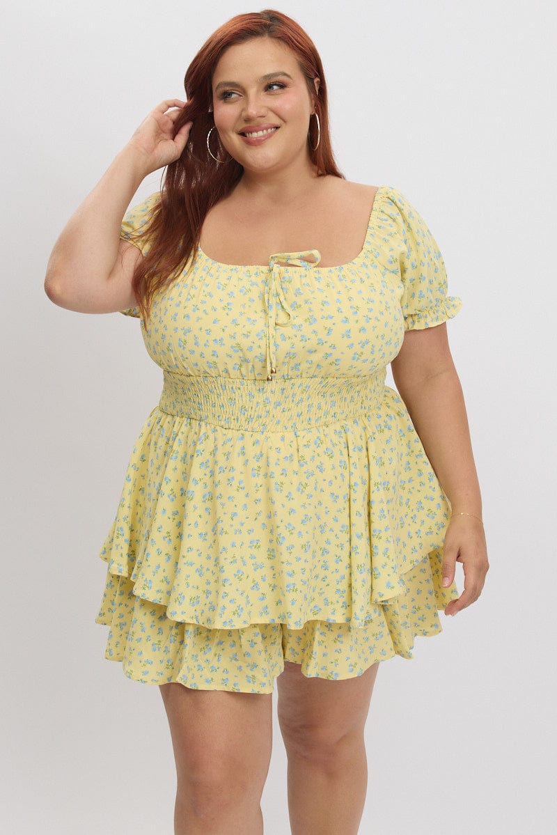 Yellow Ditsy Ruched Playsuit Sort Sleeve - Image 3