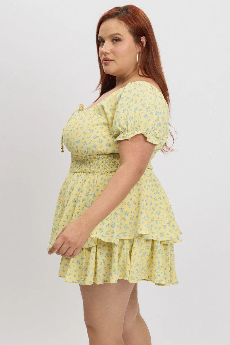Yellow Ditsy Ruched Playsuit Sort Sleeve - Image 4