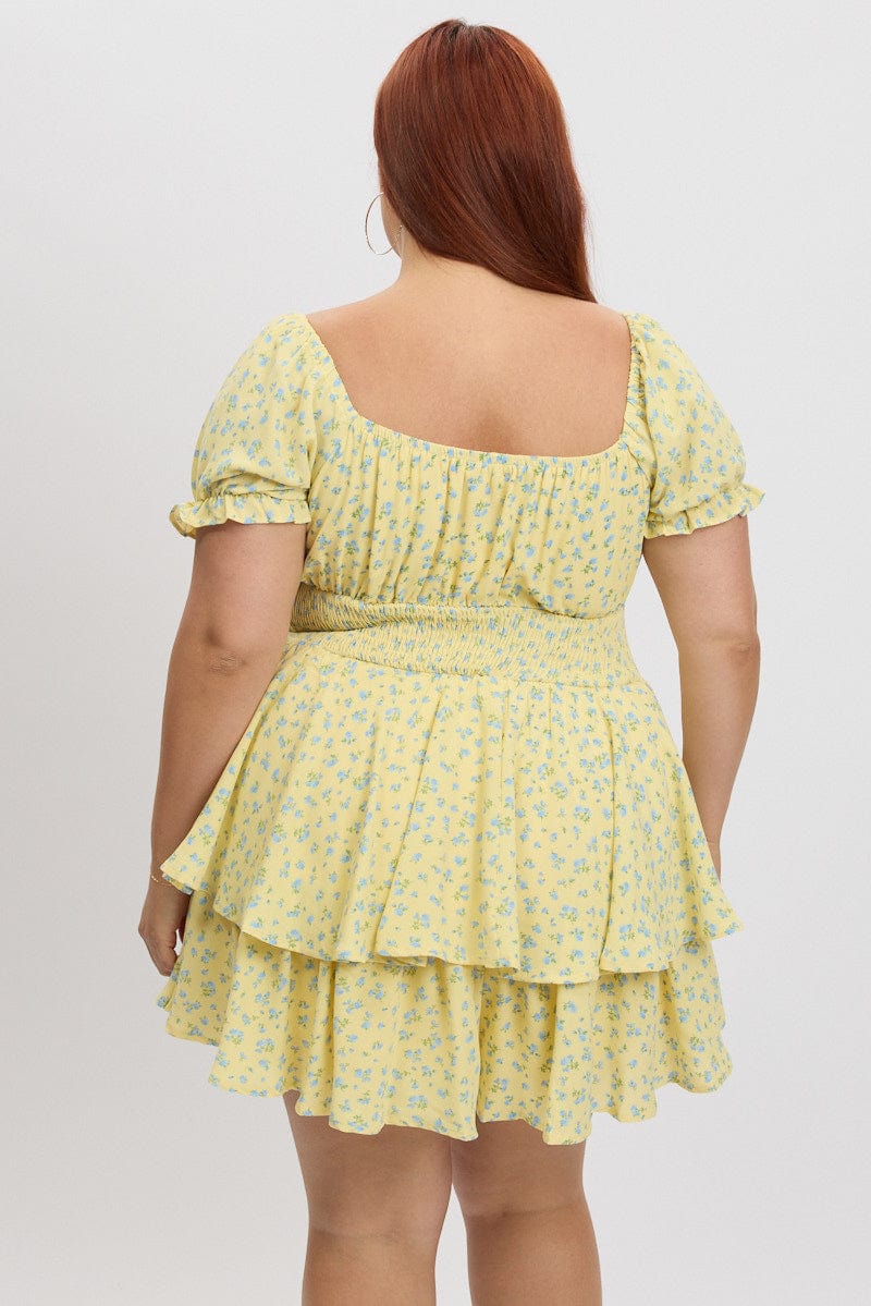 Yellow Ditsy Ruched Playsuit Sort Sleeve - Image 5