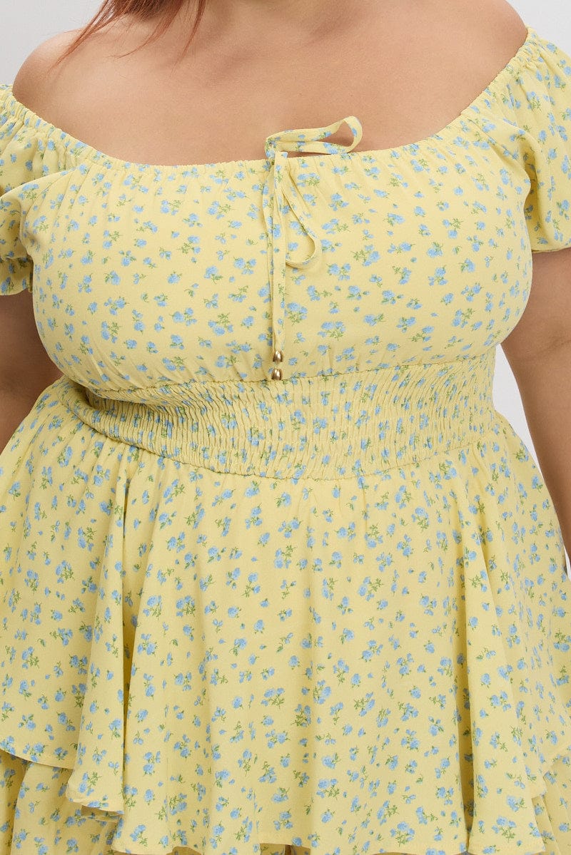 Yellow Ditsy Ruched Playsuit Sort Sleeve - Image 6