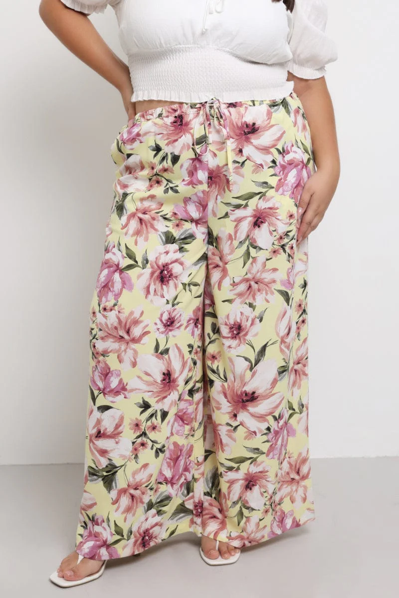 Yellow Floral Drawstring Waist Floral Wide Leg Pants - Image 2