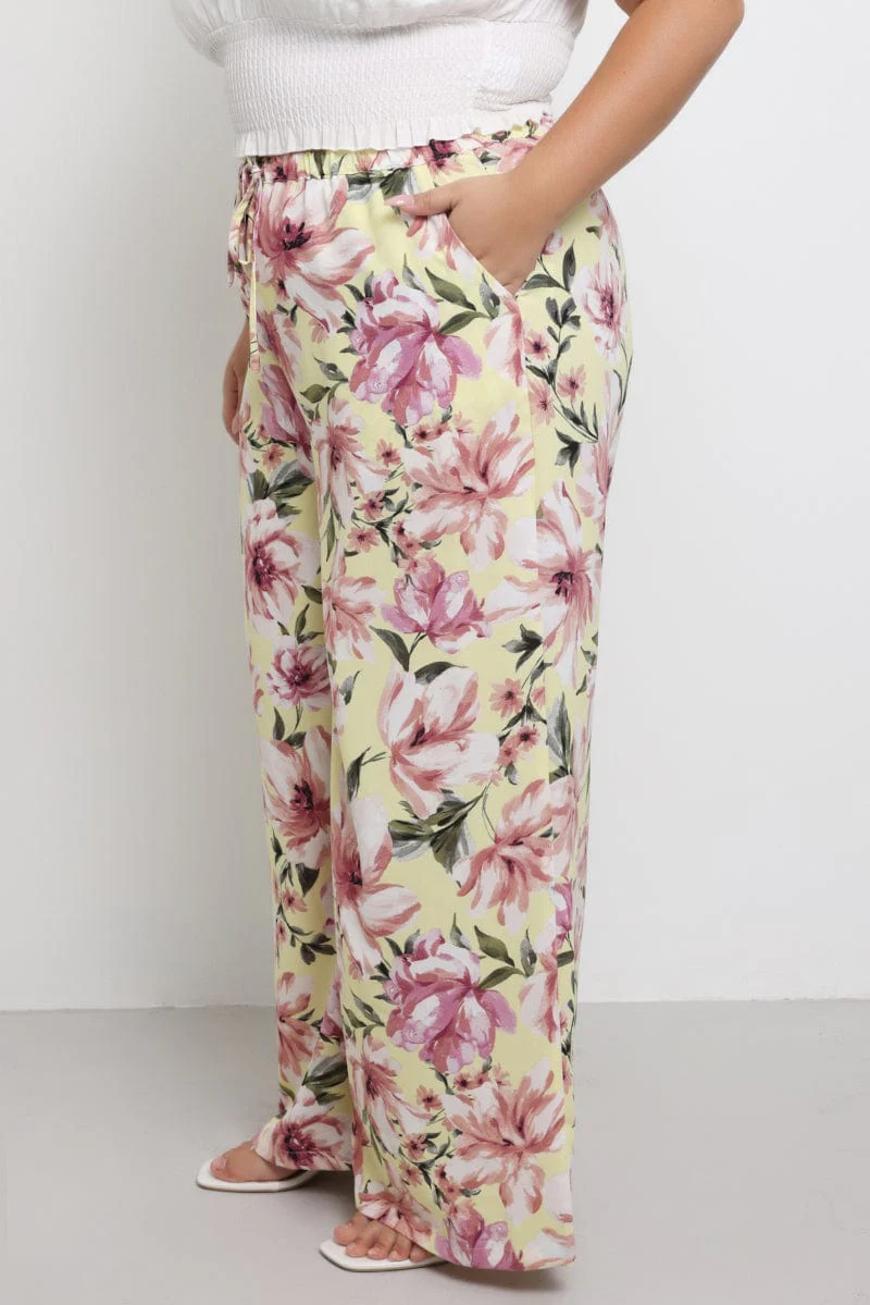 Yellow Floral Drawstring Waist Floral Wide Leg Pants - Image 3