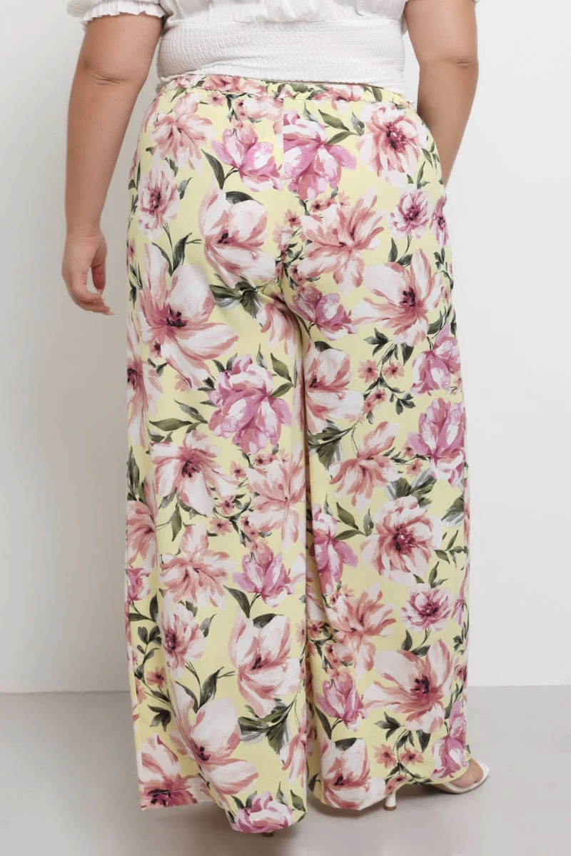 Yellow Floral Drawstring Waist Floral Wide Leg Pants - Image 4