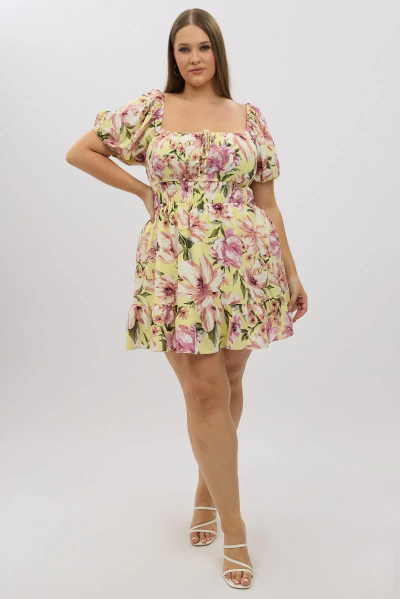 Yellow Floral Gather Waist Frill Hem Minidress - Image 2
