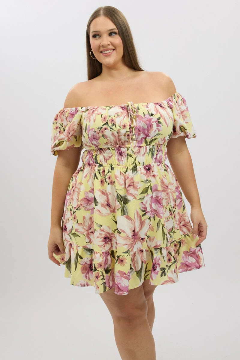 Yellow Floral Gather Waist Frill Hem Minidress - Image 3