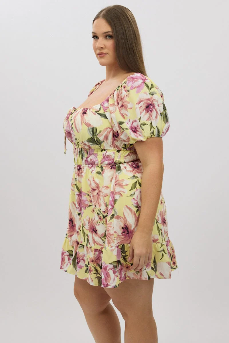 Yellow Floral Gather Waist Frill Hem Minidress - Image 4