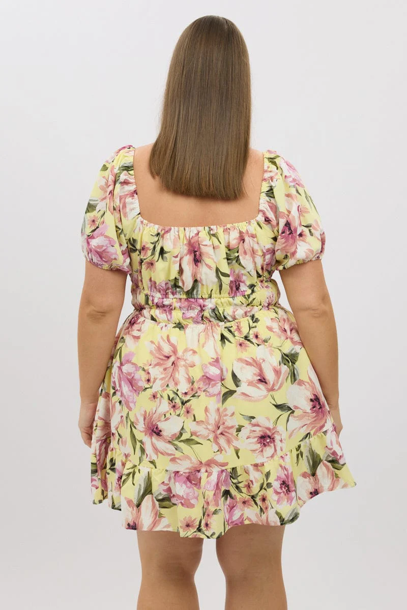 Yellow Floral Gather Waist Frill Hem Minidress - Image 5
