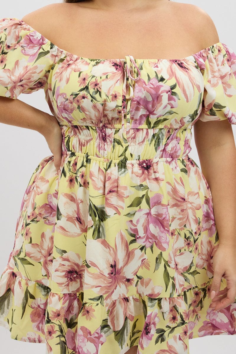 Yellow Floral Gather Waist Frill Hem Minidress - Image 6