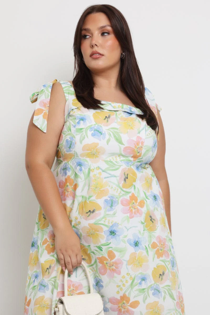 Yellow Floral Midi Dress Sleeveless Tie Strap - Image 2