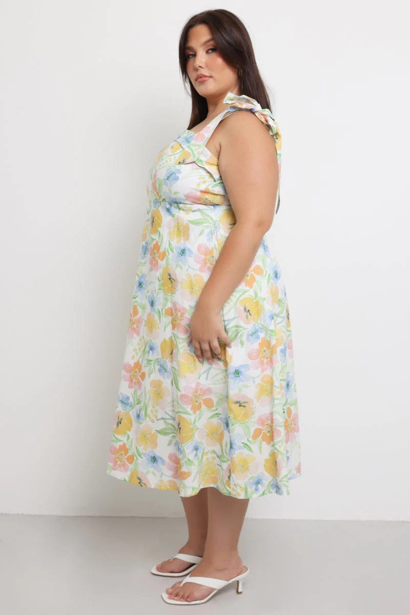 Yellow Floral Midi Dress Sleeveless Tie Strap - Image 3