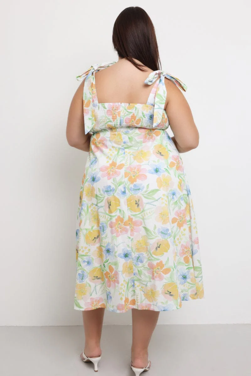 Yellow Floral Midi Dress Sleeveless Tie Strap - Image 4