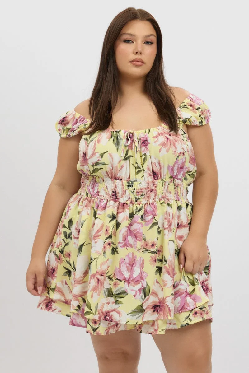 Yellow Floral Ruffle Playsuit Short Sleeve Ruched Bust - Image 3